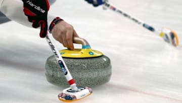 GANGNEUNG, SOUTH KOREA - FEBRUARY 20: Detail of stone being delivered by the United States in the Men's Round Robin Session 11 on day eleven of the PyeongChang 2018 Winter Olympic Games at Gangneung Curling Centre on February 20, 2018 in Gangneung, South Korea. (Photo by Ronald Martinez/Getty Images)