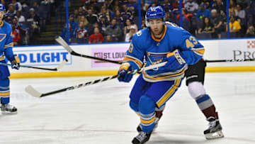 ST. LOUIS, MO. - APRIL 09: St. Louis Blues defenseman Jordan Schmaltz (43) goes after a loose puck during an NHL game between the Colorado Avalanche and the St. Louis Blues on April 09, 2017, at the Scottrade Center in St. Louis, MO. The Blues won, 3-2. (Photo by Keith Gillett/Icon Sportswire via Getty Images)