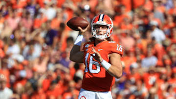 CLEMSON, SOUTH CAROLINA - SEPTEMBER 07: Trevor Lawrence #16 of the Clemson Tigers drops back to pass against the Texas A&M Aggies during their game at Memorial Stadium on September 07, 2019 in Clemson, South Carolina. (Photo by Streeter Lecka/Getty Images)