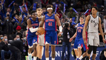Detroit Pistons forward Saddiq Bey (41) reacts to the win Credit: Raj Mehta-USA TODAY Sports