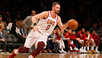 BROOKLYN, NY - MARCH 25: (NEW YORK DAILIES OUT) Kevin Love #0 of the Cleveland Cavaliers in action against the Brooklyn Nets at Barclays Center on March 25, 2018 in the Brooklyn borough of New York City. The Cavaliers defeated the Nets 121-114. NOTE TO USER: User expressly acknowledges and agrees that, by downloading and/or using this photograph, user is consenting to the terms and conditions of the Getty Images License Agreement. (Photo by Jim McIsaac/Getty Images)