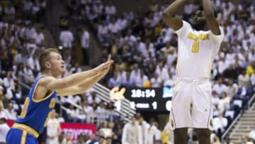 Feb 25, 2016; Berkeley, CA, USA; California Golden Bears forward Jaylen Brown (0) scores a three point basket against the UCLA Bruins during the first half at Haas Pavilion. Mandatory Credit: Kelley L Cox-USA TODAY Sports
