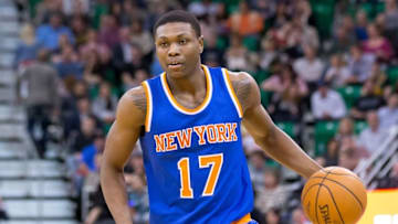 Mar 10, 2015; Salt Lake City, UT, USA; New York Knicks forward Cleanthony Early (17) dribbles the ball during the first half against the Utah Jazz at EnergySolutions Arena. The Jazz won 87-82. Mandatory Credit: Russ Isabella-USA TODAY Sports