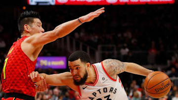 ATLANTA, GA - NOVEMBER 21: Jeremy Lin #7 of the Atlanta Hawks draws an offensive foul from Fred VanVleet #23 of the Toronto Raptors at State Farm Arena on November 21, 2018 in Atlanta, Georgia. NOTE TO USER: User expressly acknowledges and agrees that, by downloading and or using this photograph, User is consenting to the terms and conditions of the Getty Images License Agreement. (Photo by Kevin C. Cox/Getty Images)