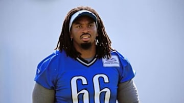May 27, 2015; Detroit, MI, USA; Detroit Lions tackle LaAdrian Waddle (66) during OTA at Detroit Lions Training Facility. Mandatory Credit: Andrew Weber-USA TODAY Sports