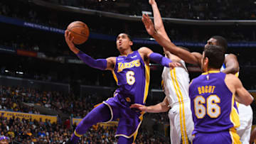LOS ANGELES, CA - NOVEMBER 29: Jordan Clarkson #6 of the Los Angeles Lakers goes to the basket against the Golden State Warriors on November 29, 2017 at STAPLES Center in Los Angeles, California. NOTE TO USER: User expressly acknowledges and agrees that, by downloading and/or using this Photograph, user is consenting to the terms and conditions of the Getty Images License Agreement. Mandatory Copyright Notice: Copyright 2017 NBAE (Photo by Andrew D. Bernstein/NBAE via Getty Images)