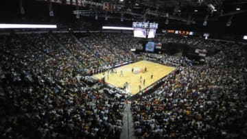 Jul 10, 2015; Las Vegas, NV, USA; The lower bowl seating of the Thomas and Mack Center is filled with fans watching the Lakers play the Timberwolves during the first day of the NBA Summer League in Las Vegas. Minnesota won the game 81-68. Mandatory Credit: Stephen R. Sylvanie-USA TODAY Sports