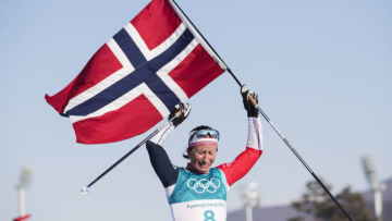 PYEONGCHANG-GUN, SOUTH KOREA - FEBRUARY 25: Marit Bjoergen of Norway celebrates her gold during womens 30k Mass Start Classic Technique at Alpensia Cross-Country Centre on February 25, 2018 in Pyeongchang-gun, South Korea. (Photo by Nils Petter Nilsson/Getty Images)