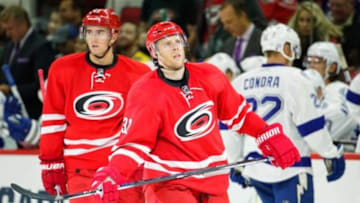 Nov 1, 2015; Raleigh, NC, USA; Carolina Hurricanes forward Kris Versteeg (32) looks on against the Tampa Bay Lightning at PNC Arena. The Tampa Bay Lightning defeated the Carolina Hurricanes 4-3. Mandatory Credit: James Guillory-USA TODAY Sports