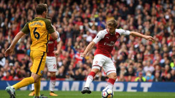 LONDON, ENGLAND - OCTOBER 01: Nacho Monreal of Arsenal scores his sides first goal during the Premier League match between Arsenal and Brighton and Hove Albion at Emirates Stadium on October 1, 2017 in London, England. (Photo by Mike Hewitt/Getty Images)