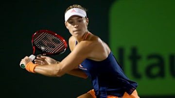KEY BISCAYNE, FL - MARCH 24: Angelique Kerber of Germany returns a shot to Ying-Ying Duan of China during the Miami Open at the Crandon Park Tennis Center on March 24, 2017 in Key Biscayne, Florida. (Photo by Matthew Stockman/Getty Images)