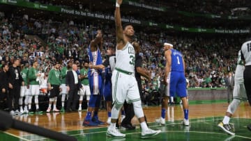 BOSTON, MA - MAY 9: Marcus Smart #36 of the Boston Celtics reacts during the game against Philadelphia 76ers in Game Five of the Eastern Conference Semifinals of the 2018 NBA Playoffs on May 9, 2018 at TD Garden in Boston, Massachusetts. NOTE TO USER: User expressly acknowledges and agrees that, by downloading and or using this Photograph, user is consenting to the terms and conditions of the Getty Images License Agreement. Mandatory Copyright Notice: Copyright 2018 NBAE (Photo by Brian Babineau/NBAE via Getty Images)