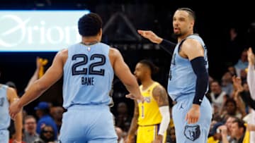 Memphis Grizzlies forward Dillon Brooks reacts with guard Desmond Bane-Mandatory Credit: Petre Thomas-USA TODAY Sports