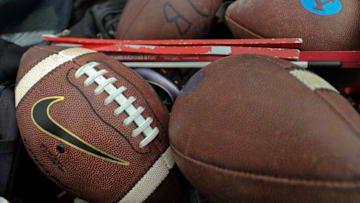 PROVO, UT - OCTOBER 14: General view of footballs on the sideline prior to the game between the Mississippi State Bulldogs and the Brigham Young Cougars at LaVell Edwards Stadium on October 14, 2016 in Provo Utah. (Photo by Gene Sweeney Jr/Getty Images)