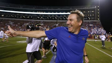 STARKVILLE, MS - SEPTEMBER 29: Head coach Dan Mullen of the Florida Gators celebrates a win over the Mississippi State Bulldogs at Davis Wade Stadium on September 29, 2018 in Starkville, Mississippi. (Photo by Jonathan Bachman/Getty Images)