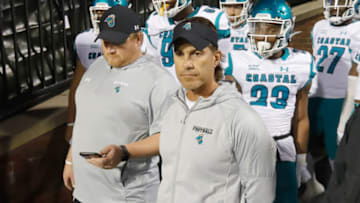 Oct 20, 2021; Boone, North Carolina, USA; Coastal Carolina Chanticleers head coach Jamey Chadwell gets ready to lead his team onto the fieldReinhold Matay-USA TODAY Sports