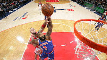 WASHINGTON, DC - JANUARY 3: Kyle O'Quinn #9 of the New York Knicks handles the ball against the Washington Wizards on January 3, 2018 at Capital One Arena in Washington, DC. NOTE TO USER: User expressly acknowledges and agrees that, by downloading and or using this Photograph, user is consenting to the terms and conditions of the Getty Images License Agreement. Mandatory Copyright Notice: Copyright 2018 NBAE (Photo by Ned Dishman/NBAE via Getty Images)