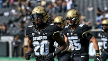 BOULDER, CO - OCTOBER 2: Running back Deion Smith #20 of the Colorado Buffaloes runs onto the field to start the third quarter of a game against the USC Trojans at Folsom Field on October 2, 2021 in Boulder, Colorado. (Photo by Dustin Bradford/Getty Images)