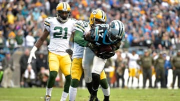 CHARLOTTE, NC - NOVEMBER 08: Devin Funchess #17 of the Carolina Panthers scores a touchdown against Damarious Randall #23 of the Green Bay Packers in the 4th quarter during their game at Bank of America Stadium on November 8, 2015 in Charlotte, North Carolina. (Photo by Grant Halverson/Getty Images)