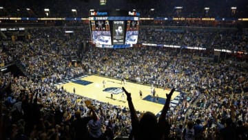 MEMPHIS, TN - APRIL 27: A general view of fans reacting after a basket is scored by the Memphis Grizzlies against the San Antonio Spurs during the first half of Game 6 of the Western Conference Quarterfinals during the 2017 NBA Playoffs at FedExForum on April 27, 2017 in Memphis, Tennessee. NOTE TO USER: User expressly acknowledges and agrees that, by downloading and or using this photograph, User is consenting to the terms and conditions of the Getty Images License Agreement. (Photo by Frederick Breedon/Getty Images)