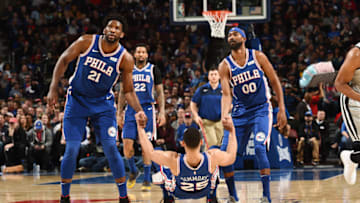 Joel Embiid, Ben Simmons & Corey Brewer | Philadelphia 76ers (Photo by David Dow/NBAE via Getty Images)