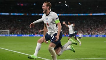 England's forward Harry Kane (C) celebrates after scoring the second goal during the UEFA EURO 2020 semi-final football match between England and Denmark at Wembley Stadium in London on July 7, 2021. (Photo by Laurence Griffiths / POOL / AFP) (Photo by LAURENCE GRIFFITHS/POOL/AFP via Getty Images)