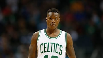 Oct 29, 2016; Charlotte, NC, USA; Boston Celtics guard Terry Rozier (12) stands on the court in the game against the Charlotte Hornets at the Spectrum Center. The Celtics defeated the Hornets 104-98. Mandatory Credit: Jeremy Brevard-USA TODAY Sports