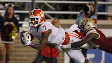 Oct 7, 2016; Boston, MA, USA; Clemson Tigers wide receiver Mike Williams (7) catches a pass as Boston College Eagles defensive back Isaac Yiadom (20) defends on the play during the first quarter at Alumni Stadium. Mandatory Credit: Stew Milne-USA TODAY Sports