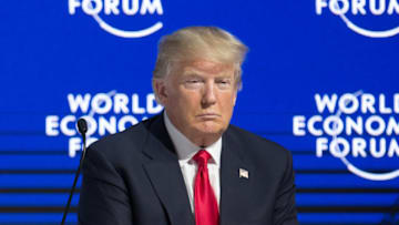 DAVOS, Jan. 26, 2018 -- U.S. President Donald Trump attends the 48th annual meeting of the World Economic Forum (WEF) in Davos, Switzerland, on Jan. 26, 2018. U.S. President Donald Trump said Friday that he would always put America first when it came to trade, but 'America First' does not mean America alone. (Xinhua/Xu Jinquan via Getty Images)