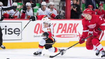 DETROIT, MI - JANUARY 02: Johnny Gaudreau #13 of the Calgary Flames skates after the puck along side Nick Jensen #3 of the Detroit Red Wings during an NHL game at Little Caesars Arena on January 2, 2019 in Detroit, Michigan. (Photo by Dave Reginek/NHLI via Getty Images)