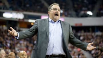 Nov 11, 2015; Sacramento, CA, USA; Detroit Pistons head coach Stan Van Gundy questions the referee during the second quarter against the Sacramento Kings at Sleep Train Arena. Mandatory Credit: Kelley L Cox-USA TODAY Sports