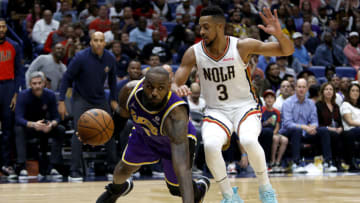 LeBron James #6 of the Los Angeles Lakers is fouled by CJ McCollum #3 of the New Orleans Pelicans (Photo by Sean Gardner/Getty Images)