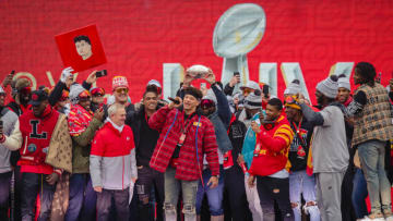 KANSAS CITY, MO - FEBRUARY 05: Patrick Mahomes #15 of the Kansas City Chiefs addresses the crowd during the Kansas City Chiefs Victory Parade on February 5, 2020 in Kansas City, Missouri. (Photo by Kyle Rivas/Getty Images)