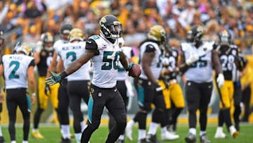 PITTSBURGH, PA - OCTOBER 08: Telvin Smith #50 of the Jacksonville Jaguars reacts after returning an interception 28 yard for a touchdown in the third quarter during the game against the Pittsburgh Steelers at Heinz Field on October 8, 2017 in Pittsburgh, Pennsylvania. (Photo by Joe Sargent/Getty Images)