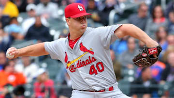 May 21, 2015; New York City, NY, USA; St. Louis Cardinals relief pitcher Mitch Harris (40) pitches against the New York Mets during the ninth inning at Citi Field. Mandatory Credit: Brad Penner-USA TODAY Sports