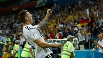 Germany's midfielder Toni Kroos celebrates after scoring a goal during the Russia 2018 World Cup Group F football match between Germany and Sweden at the Fisht Stadium in Sochi on June 23, 2018. (Photo by Odd ANDERSEN / AFP) / RESTRICTED TO EDITORIAL USE - NO MOBILE PUSH ALERTS/DOWNLOADS (Photo credit should read ODD ANDERSEN/AFP/Getty Images)