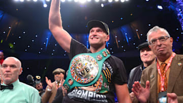 LONDON, ENGLAND - DECEMBER 03: Tyson Fury celebrates after defeating Derek Chisora, during their WBC heavyweight championship fight, at Tottenham Hotspur Stadium on December 03, 2022 in London, England. (Photo by Mikey Williams/Top Rank Inc via Getty Images)