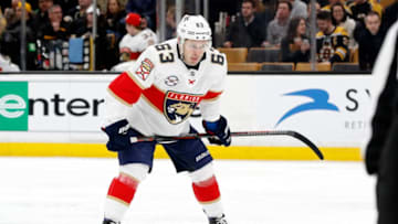 BOSTON, MA - MARCH 07: Florida Panthers right wing Evgenii Dadonov (63) waits for a face off during a game between the Boston Bruins and the Florida Panthers on March 7, 2019, at TD Garden in Boston, Massachusetts. (Photo by Fred Kfoury III/Icon Sportswire via Getty Images)