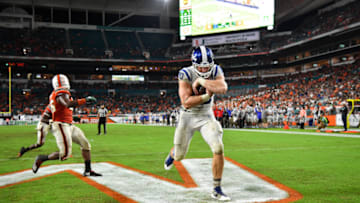 MIAMI, FL - NOVEMBER 03: Daniel Helm #80 of the Duke Blue Devils scores a touchdown in the second half against the Miami Hurricanes at Hard Rock Stadium on November 3, 2018 in Miami, Florida. (Photo by Mark Brown/Getty Images)