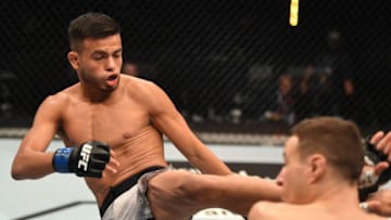 ABU DHABI, UNITED ARAB EMIRATES - SEPTEMBER 27: In this handout image provided by UFC, (L-R) Brandon Royval kicks Kai Kara France of New Zealand in their flyweight bout during UFC 253 inside Flash Forum on UFC Fight Island on September 27, 2020 in Abu Dhabi, United Arab Emirates. (Photo by Josh Hedges/Zuffa LLC via Getty Images)