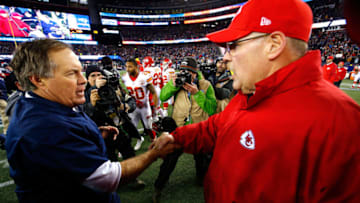 FOXBORO, MA - JANUARY 16: Head coach Bill Belichick of the New England Patriots and head coach Andy Reid of the Kansas City Chiefs shake hands after the AFC Divisional Playoff Game at Gillette Stadium on January 16, 2016 in Foxboro, Massachusetts. The Patriots defeated the Chiefs 27-20. (Photo by Al Bello/Getty Images)