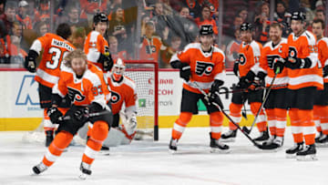 PHILADELPHIA, PA - APRIL 06: Jakub Voracek #93 of the Philadelphia Flyers warms up with teammates against the Carolina Hurricanes on April 6, 2019 at the Wells Fargo Center in Philadelphia, Pennsylvania. (Photo by Len Redkoles/NHLI via Getty Images)