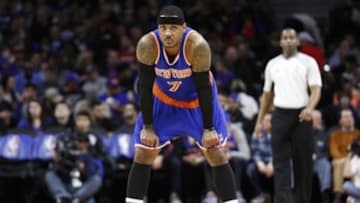 Feb 4, 2016; Auburn Hills, MI, USA; New York Knicks forward Carmelo Anthony (7) looks on during the first quarter against the Detroit Pistons at The Palace of Auburn Hills. Mandatory Credit: Raj Mehta-USA TODAY Sports
