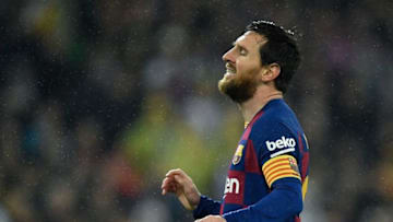 Barcelona's Argentine forward Lionel Messi reacts after missing a goal opportunity during the Spanish League football match between Real Madrid and Barcelona at the Santiago Bernabeu stadium in Madrid on March 1, 2020. (Photo by OSCAR DEL POZO / AFP) (Photo by OSCAR DEL POZO/AFP via Getty Images)