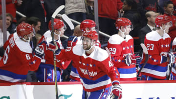 Washington Capitals right wing Tom Wilson (43) celebrates with teammates after scoring a goal against the New Jersey Devils in the second period at Capital One Arena. Mandatory Credit: Geoff Burke-USA TODAY Sports
