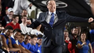 Mar 3, 2015; Athens, GA, USA; Kentucky Wildcats head coach John Calipari reacts on the bench against the Kentucky Wildcats during the second half at Stegeman Coliseum. Kentucky defeated Georgia 72-64. Mandatory Credit: Dale Zanine-USA TODAY Sports