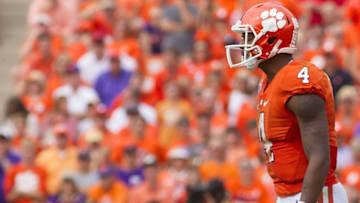 Oct 15, 2016; Clemson, SC, USA; Clemson Tigers quarterback Deshaun Watson (4) prior to the snap during the second half against the North Carolina State Wolfpack at Clemson Memorial Stadium. Tigers won 24-17. Mandatory Credit: Joshua S. Kelly-USA TODAY Sports