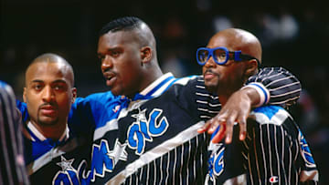 CHICAGO - MAY 18: Shaquille O'Neal #32, Horace Grant #32 and Dennis Scott #3 of the Orlando Magic huddle against the Chicago Bulls during Game Six of the Eastern Conference Semifinals on May 18, 1995 at the United Center in Chicago, Illinois. NOTE TO USER: User expressly acknowledges and agrees that, by downloading and or using this photograph, User is consenting to the terms and conditions of the Getty Images License Agreement. Mandatory Copyright Notice: Copyright 1995 NBAE (Photo by Barry Gossage/NBAE via Getty Images)