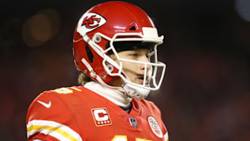 KANSAS CITY, MISSOURI - JANUARY 20: Patrick Mahomes #15 of the Kansas City Chiefs reacts in the second half against the New England Patriots during the AFC Championship Game at Arrowhead Stadium on January 20, 2019 in Kansas City, Missouri. (Photo by Jamie Squire/Getty Images)