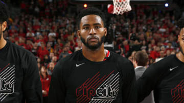 PORTLAND, OR - MAY 20: Maurice Harkless #4 of the Portland Trail Blazers stands for the National Anthem before Game Four of the Western Conference Finals against the Golden State Warriors on May 20, 2019 at the Moda Center in Portland, Oregon. NOTE TO USER: User expressly acknowledges and agrees that, by downloading and/or using this photograph, user is consenting to the terms and conditions of the Getty Images License Agreement. Mandatory Copyright Notice: Copyright 2019 NBAE (Photo by Cameron Browne/NBAE via Getty Images)